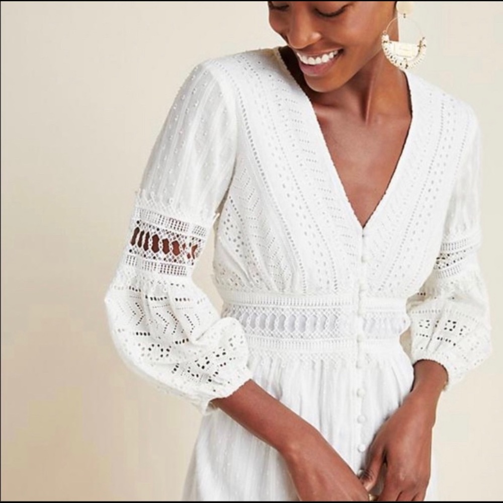 Anthropologie Ebba Eyelet White Midi Dress